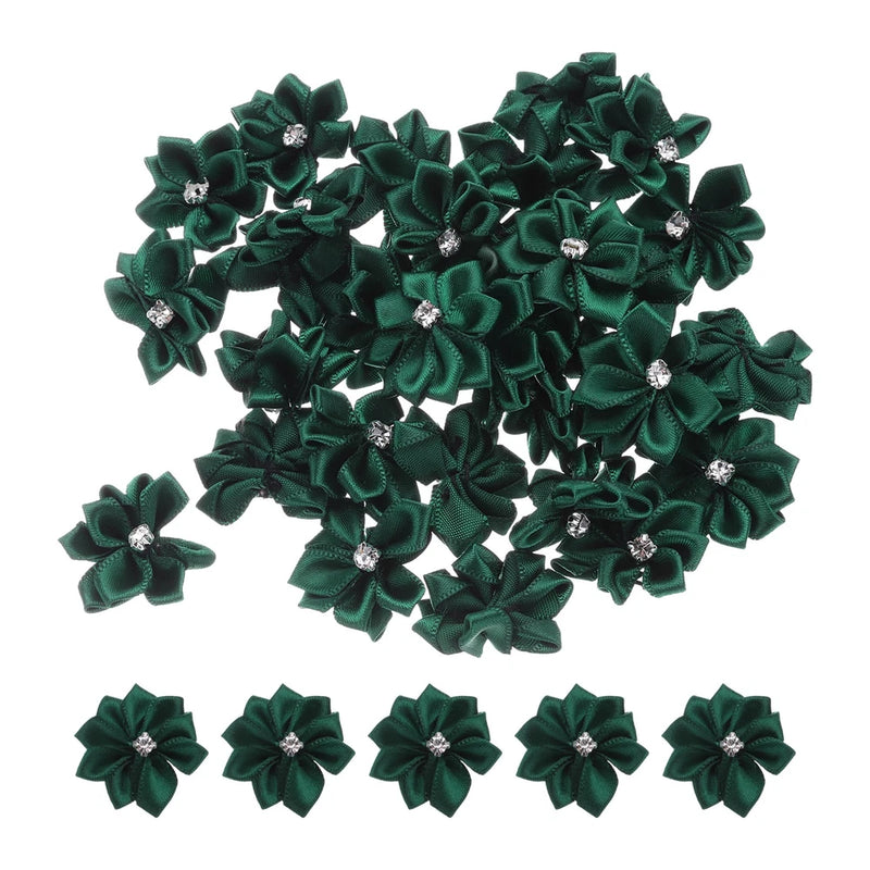 50Pcs Small Ribbon Flowers Satin Ribbon Flowers Mini Fabric Flower Dark Green Bouquet