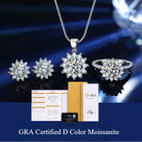 4CT Certified Moissanite 925 Sliver Sunflower Ring Earrings Pendant Necklace Set Sunflower