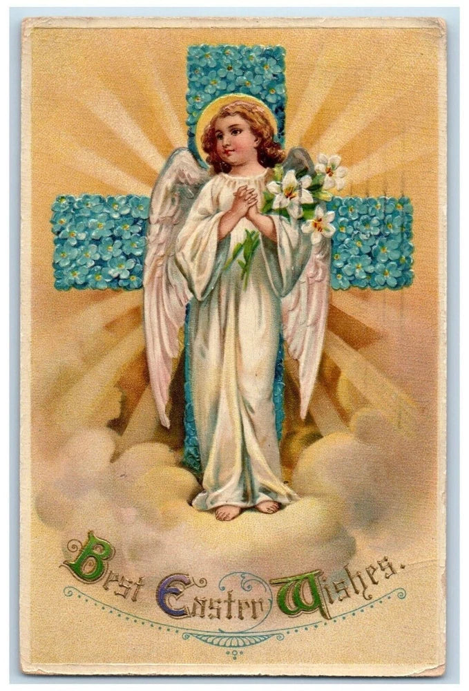 Vintage Easter postcard with a white-robed angel holding lilies and flowers, blue arches