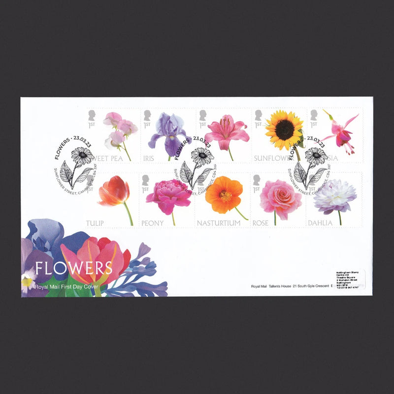 2023 Flowers First Day Cover (FDC) - Sunflower Street, Cambridge Postmark Sunflower