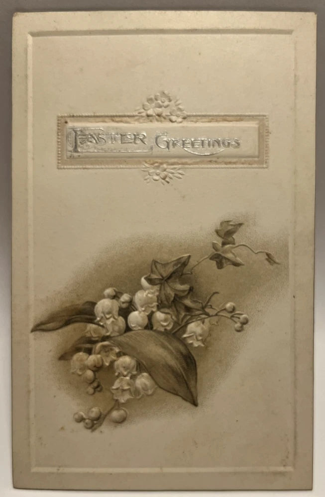 Easter Greetings, Lily of the Valley Flowers, Silver Writing, Embossed Postcard Lily