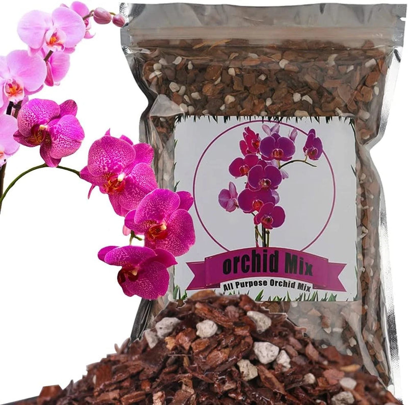 Orchid potting mix bag with bark and perlite, purple orchid label