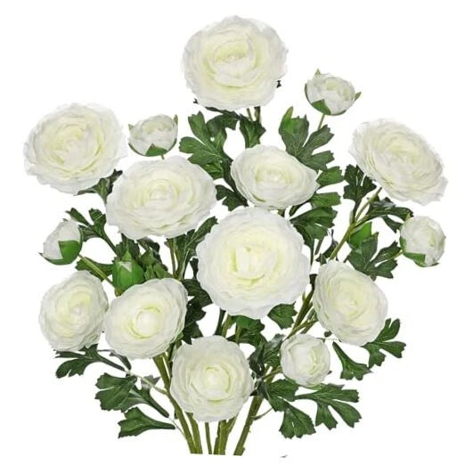 Ranunculus Artificial Flowers Bouquets, Set of 5 25.9'' Long Stems Faux White Ranunculus