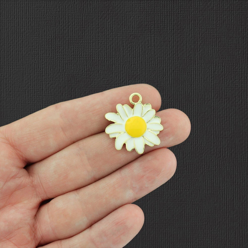 2 Daisy Flower Gold Tone Enamel Charms - E944 Daisies