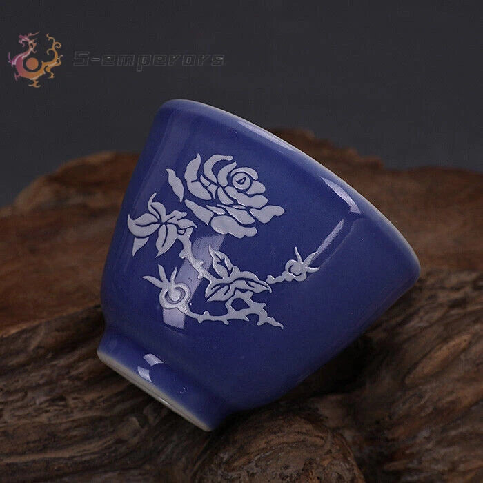 3" China Jingdezhen Blue Glaze Porcelain Peony Flower Cups Peony