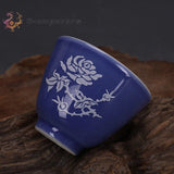 3" China Jingdezhen Blue Glaze Porcelain Peony Flower Cups Peony