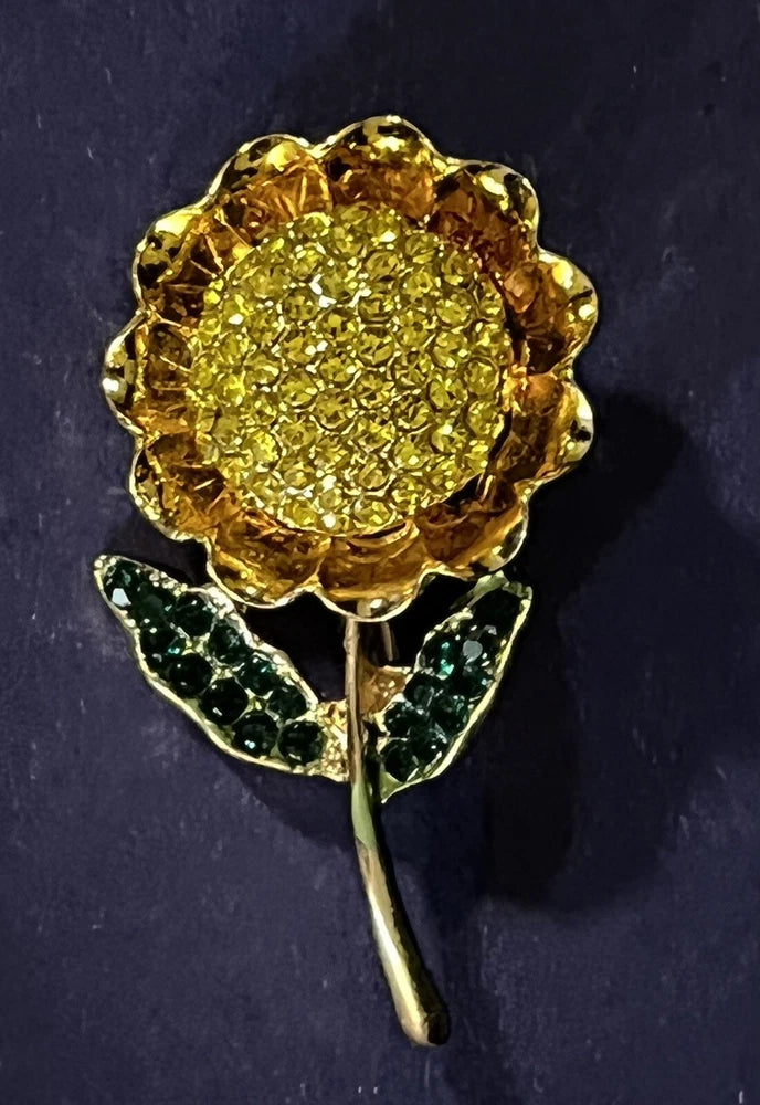 Gold Tone Yellow & Green Rhinestone Sunflower Brooch Lapel Pin Pendant Sunflower