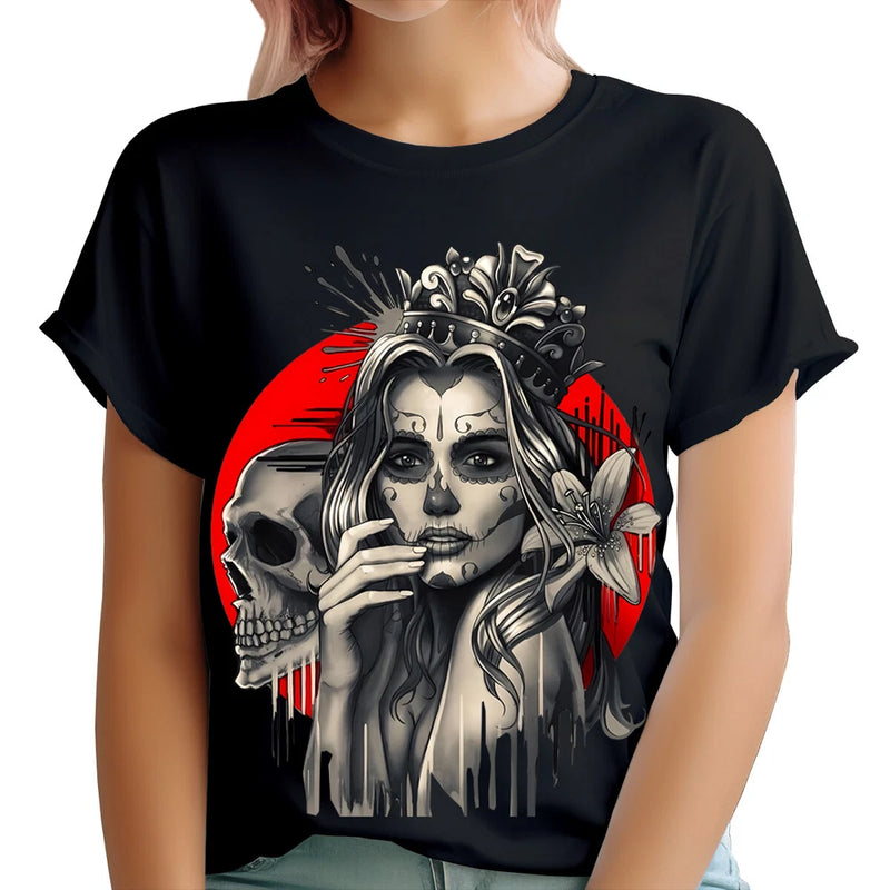 Gothic Skull Queen Day Of Dead T-Shirt Artistic Floral for Women #DOTD Sunflower