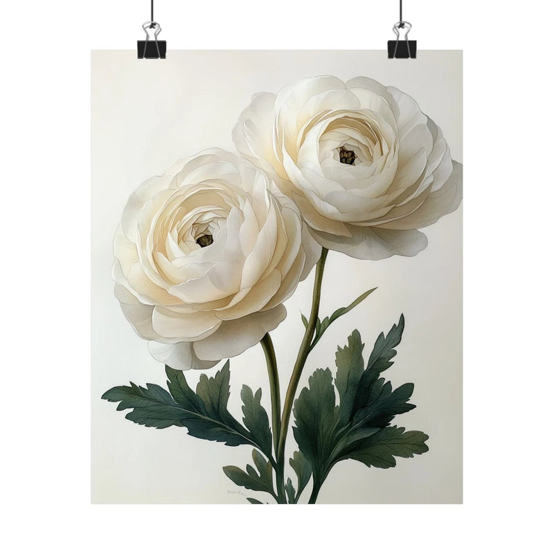 Boho White Ranunculus Flower Art Print Poster, Minimalist Floral Wall Art 6 Ranunculus