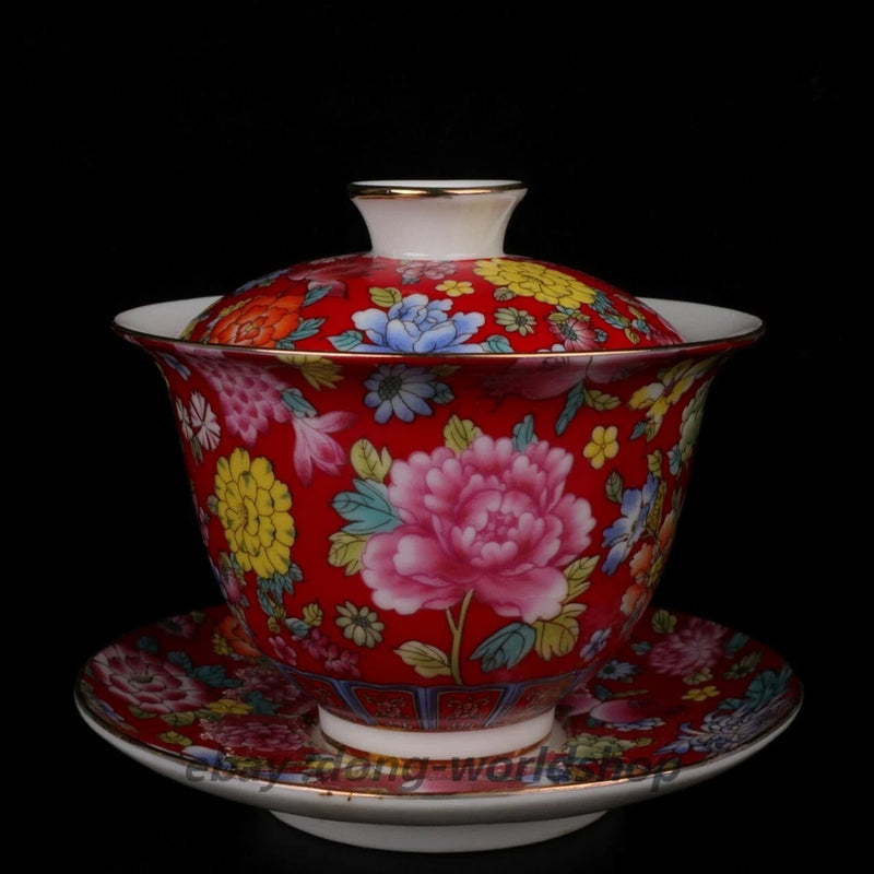 4.3" Collect Chinese Porcelain Red Glaze Tree Peony Lotus Flower Branch Bowl Peony