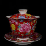 4.3" Collect Chinese Porcelain Red Glaze Tree Peony Lotus Flower Branch Bowl Peony