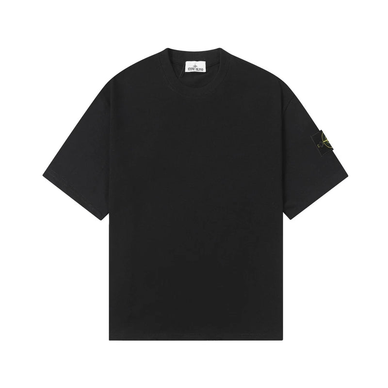 Black mens crew-neck t-shirt with small logo patch on sleeve