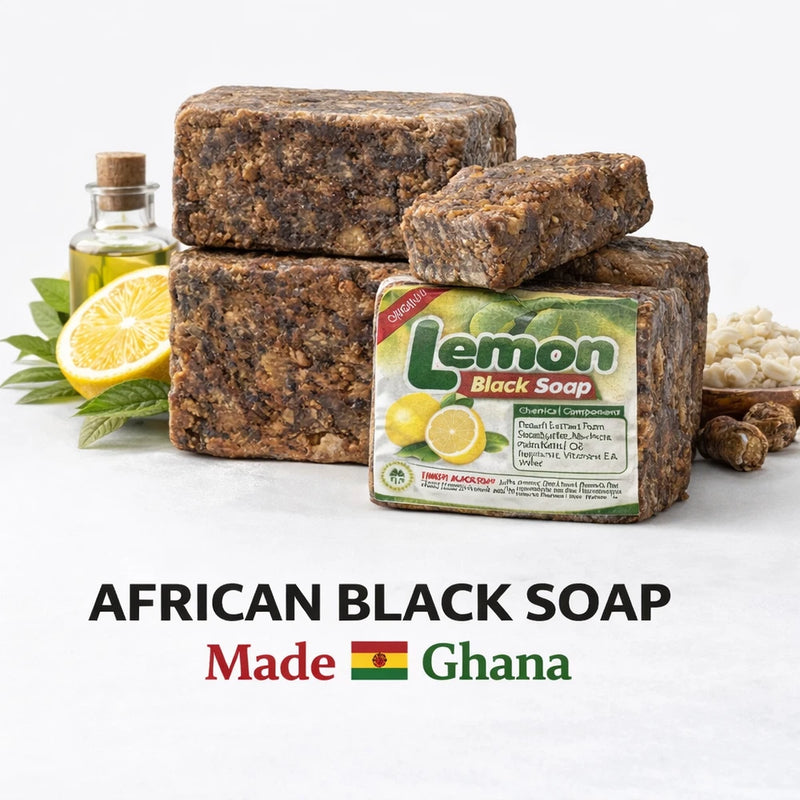 African black soap bars with Lemon Black Soap box label