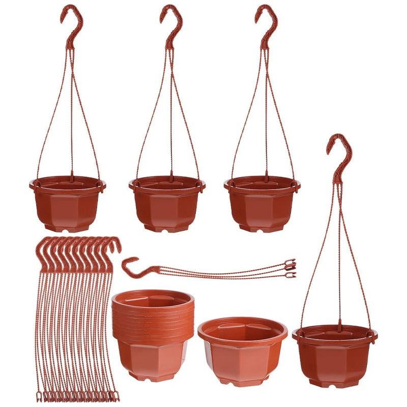 Terracotta hanging plastic planter set with rope, multiple pots and spare liners