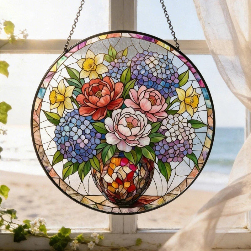 Stained Glass Flower Suncatcher, Round Floral Window Hanging, Hydrangea & Peony Hydrangea