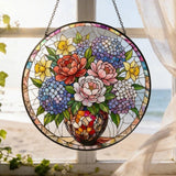 Stained Glass Flower Suncatcher, Round Floral Window Hanging, Hydrangea & Peony Hydrangea