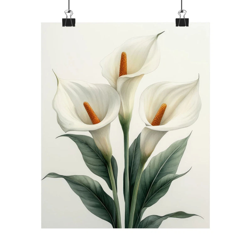 Calla lily flower art print poster with three white blooms, orange centers, and green leaves