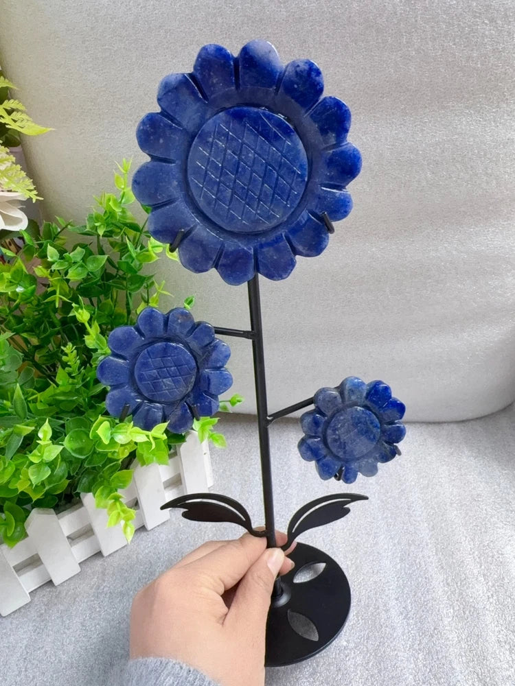 Blue crystal sunflower decoration on black metal stand, three layered flower heads