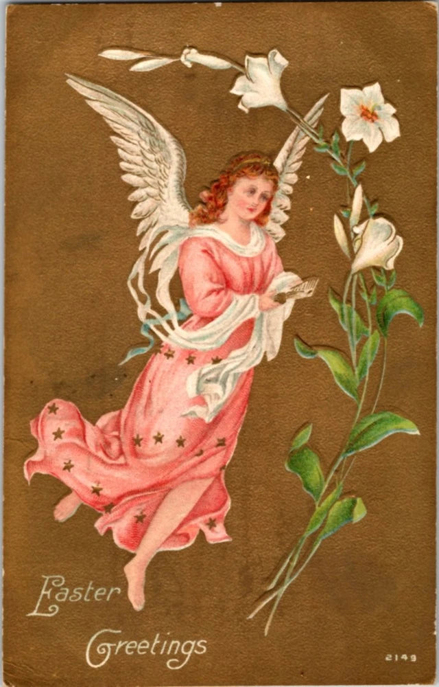 Easter Greetings print with cherub angel in pink dress, white wings, and lily flowers