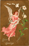 Easter Greetings print with cherub angel in pink dress, white wings, and lily flowers