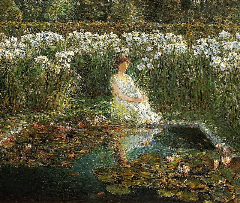 Canvas wall art print with woman in yellow dress beside white lilies and pond