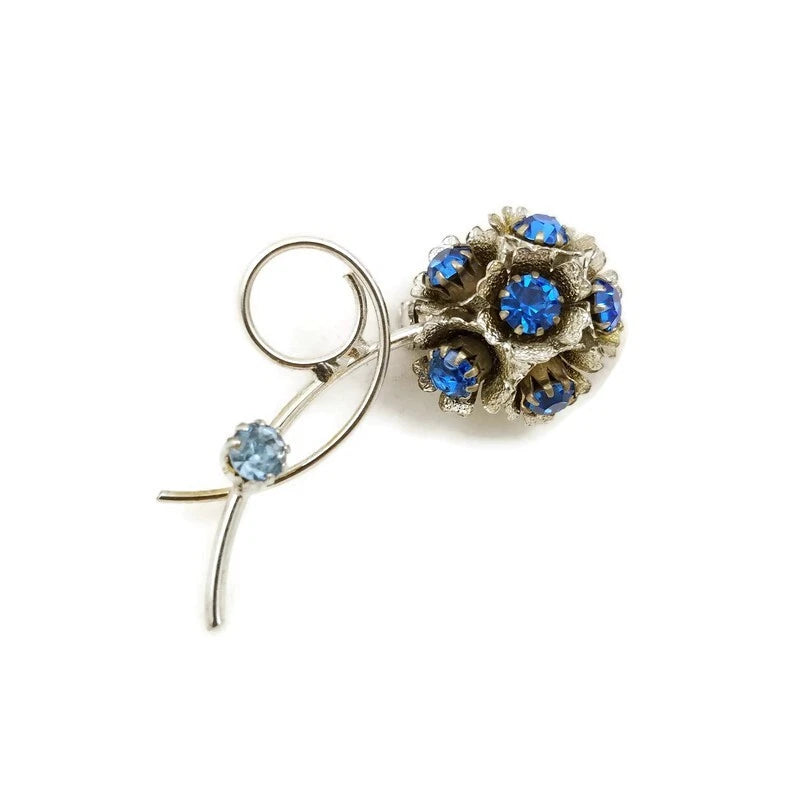 Vintage Brooch Floral Flower Silver Tone Blue Rhinestone Hydrangea Textured Hydrangea