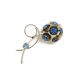 Vintage Brooch Floral Flower Silver Tone Blue Rhinestone Hydrangea Textured Hydrangea