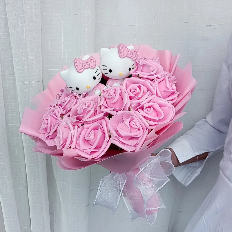 Hello Kitty Cartoon Plush Bouquet Anime Rose Flowers Doll Home Wedding Decoratio Bouquet