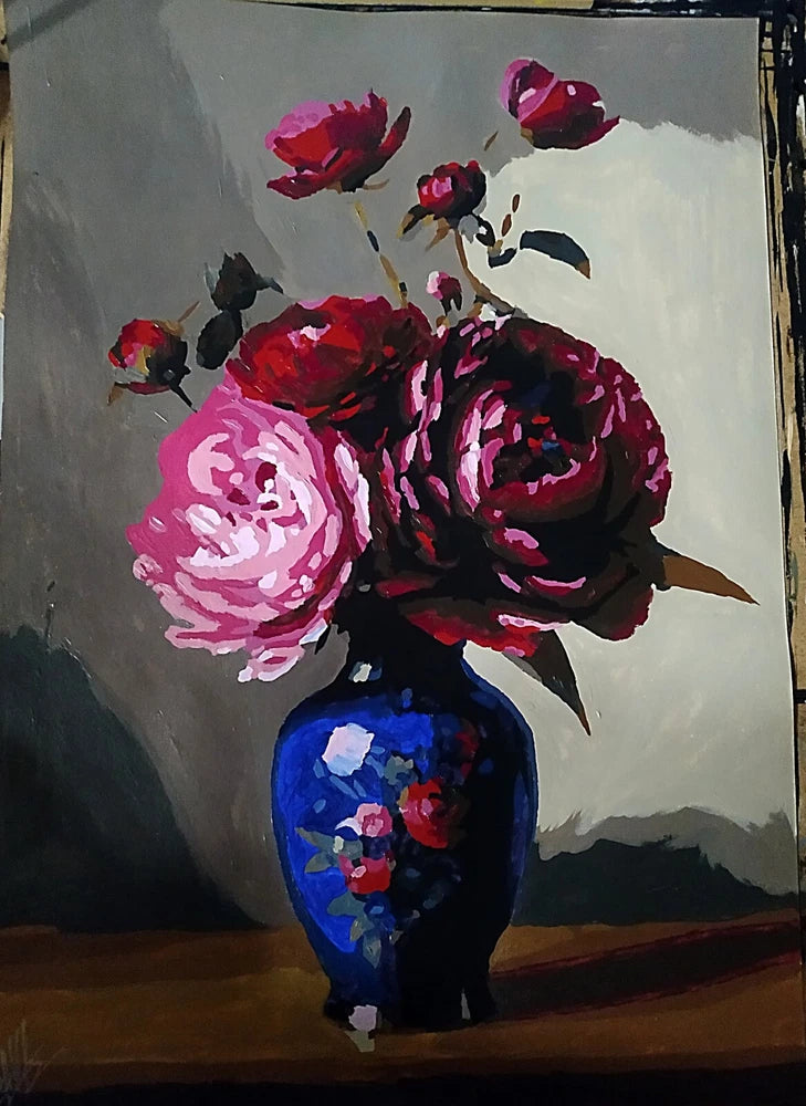 Handmade acrylic poster painting of peonies in a vase with pink and red flowers