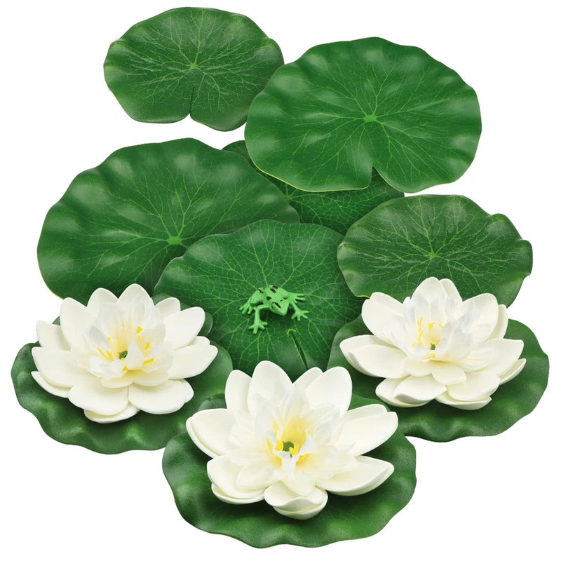 White artificial floating lotus flowers with green lily pads, set of 10