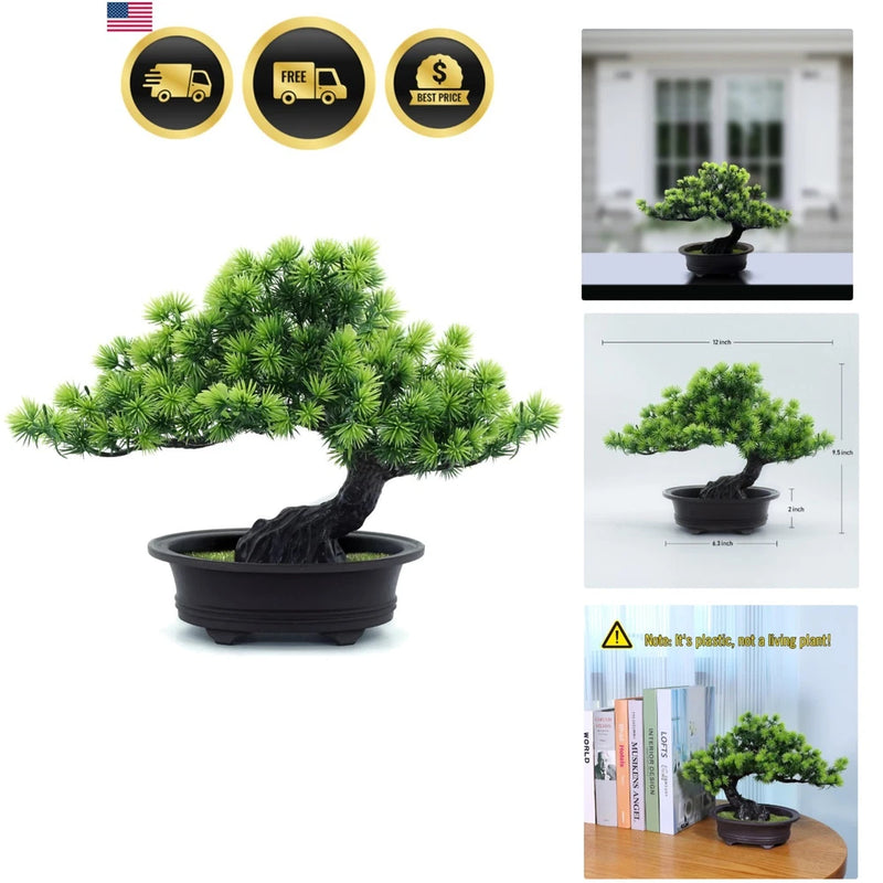 Artificial bonsai tree in black pot with dense bright green foliage on branches