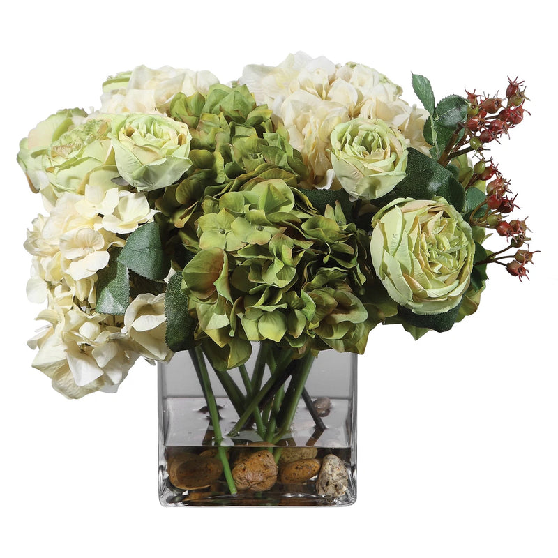 Elegant Cream Green Hydrangea Rose Spring Flower Bouquet Vase Hydrangea