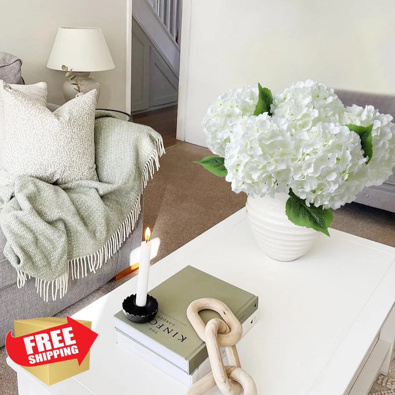 JINWOE White Silk Hydrangea Artificial Flowers 5Pcs 20" Large Stems Hydrangea