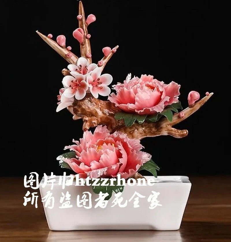 Pink peony bonsai ceramic statue with white planter, pink blossoms, and brown branch