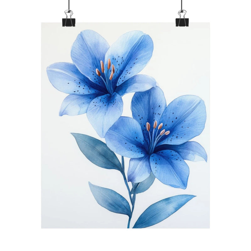 Blue lily flower art print poster with two blossoms and green leaves