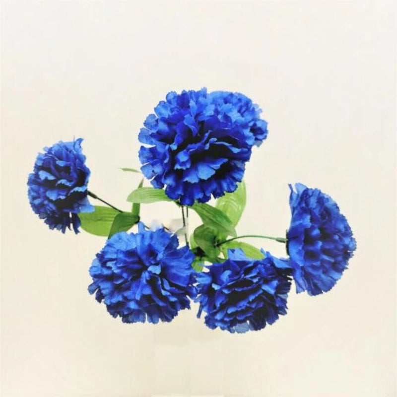 Artificial blue carnation flower bush with five pom-pom blooms and green leaves
