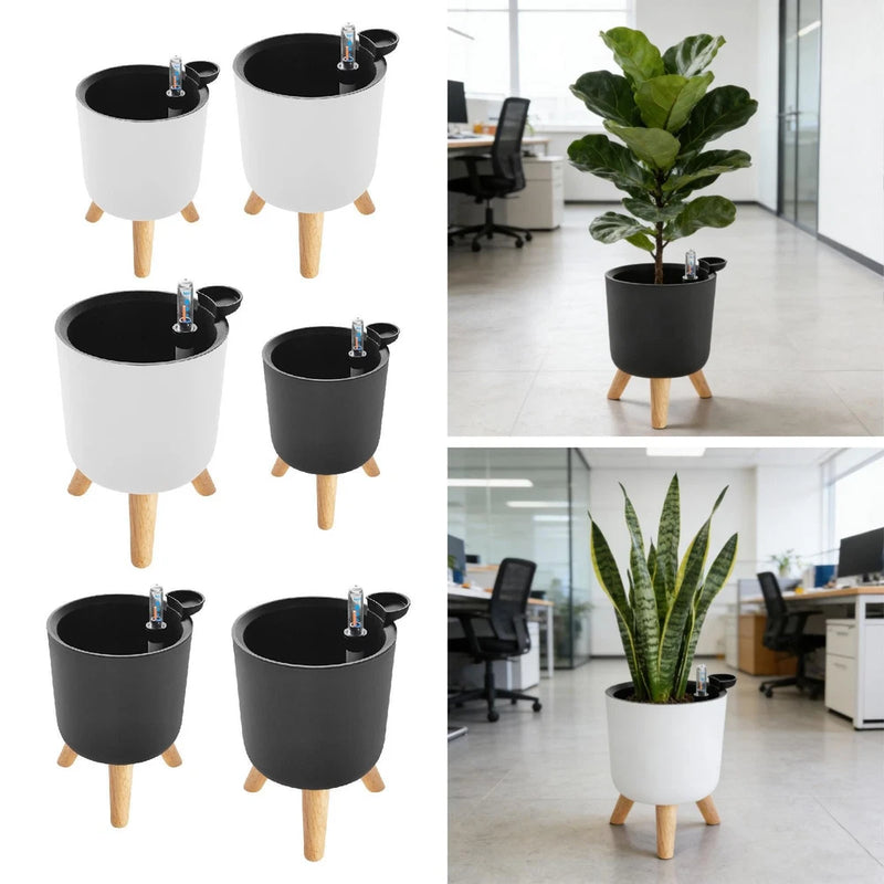 Self-watering plant pot set with wooden legs, white and black planters, water spout