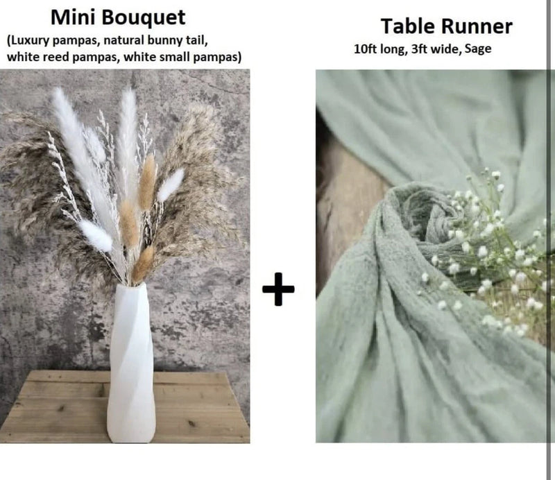 Table Runner and Pampas Grass Set , Sage Green Decor Cheese Cloth Boho Flowers Pampas Grass