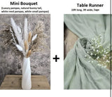 Table Runner and Pampas Grass Set , Sage Green Decor Cheese Cloth Boho Flowers Pampas Grass