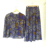 1990s vintage women's purple beige hydrangea flower silk top skirt set size 12 Hydrangea
