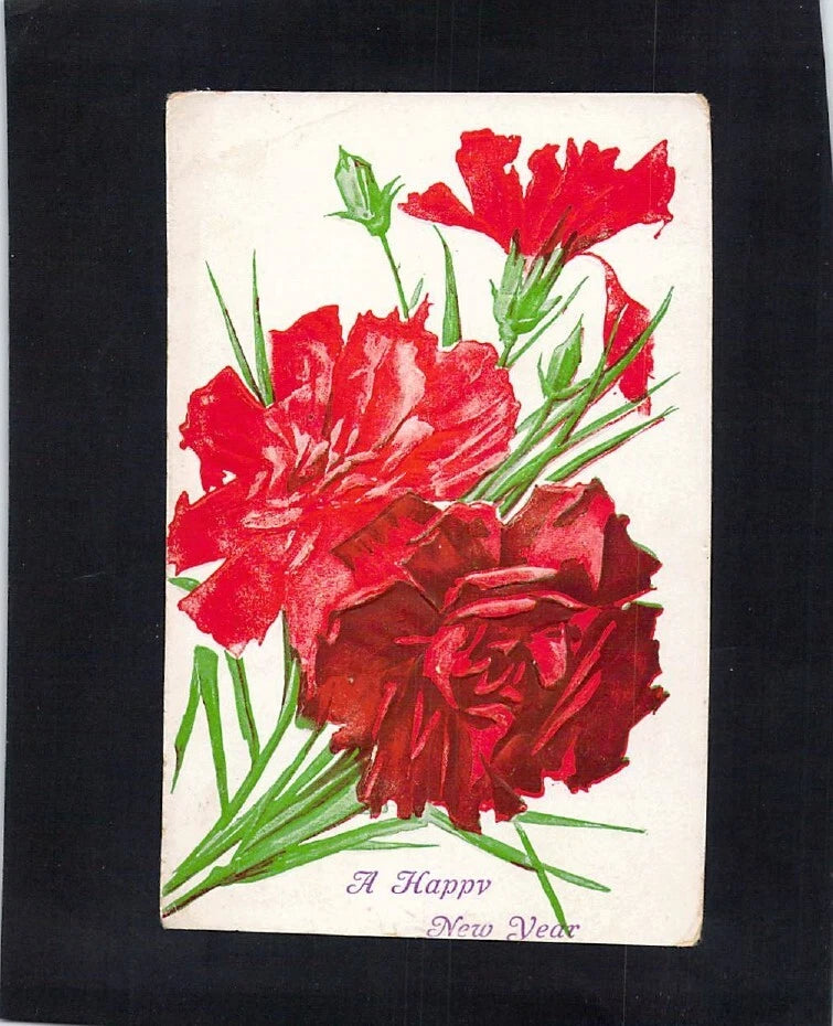 Vintage New Year postcard with red carnations and Happy New Year text