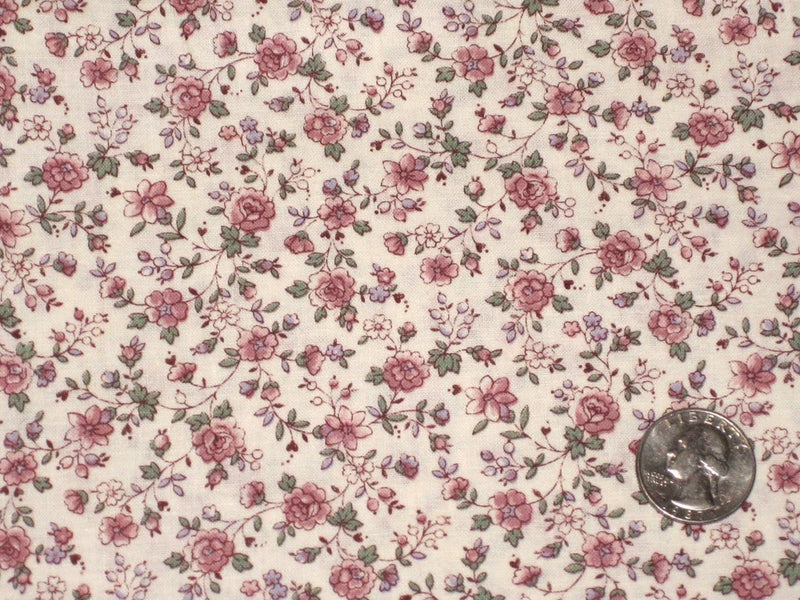 1/2 YD. WHITE w ROSE PINK, BLUE & GREEN FLORAL ANTIQUE QUILT DOLL # 2284 Flowering Plants