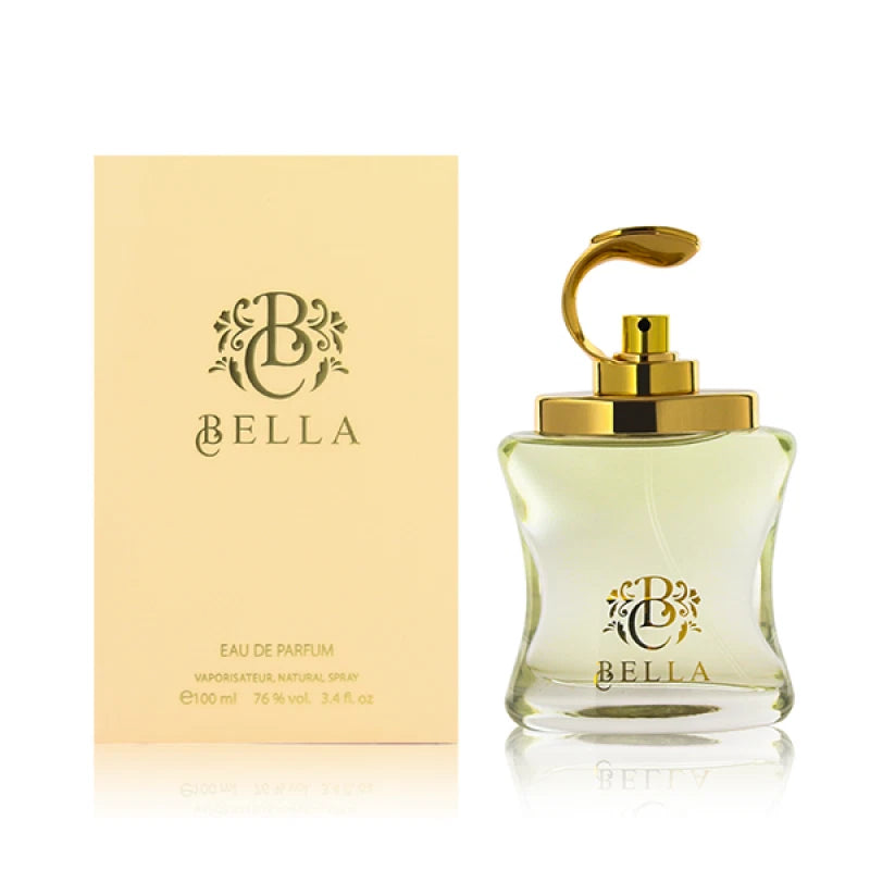 Perfume spray bottle with clear glass and gold cap, Bella label, 100 ml