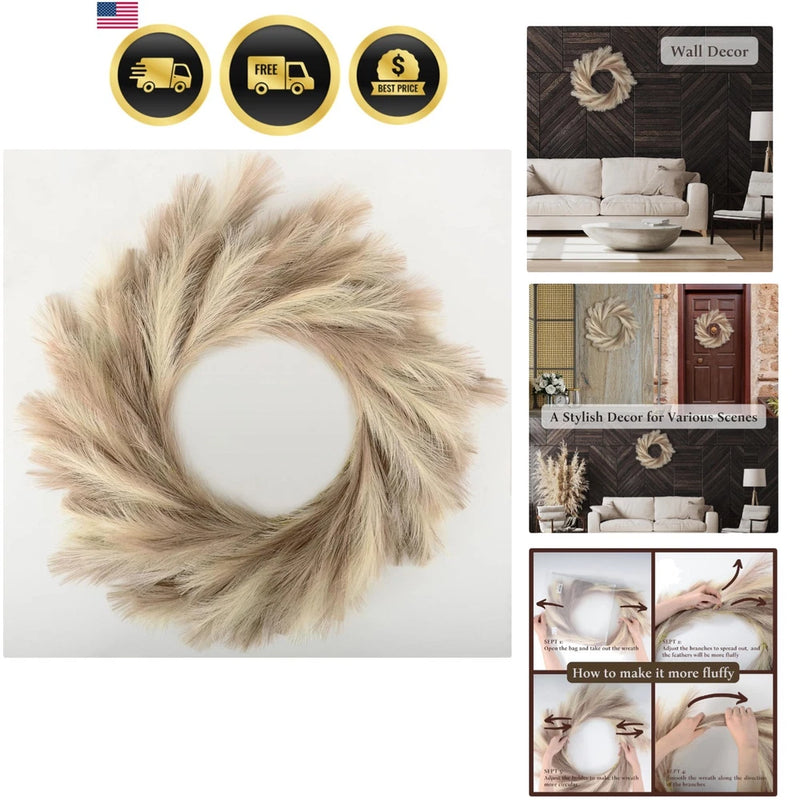 Pampas Grass Wreath Faux Foam Wall Decor All Seasons Diy Boho Farmhouse Ivory... Pampas Grass