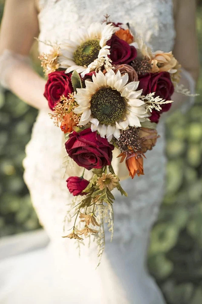 Rustic 9" Vintage Sunflower & Burgundy Rose Bridal Bouquet for Weddings Bouquet