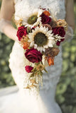 Rustic 9" Vintage Sunflower & Burgundy Rose Bridal Bouquet for Weddings Bouquet