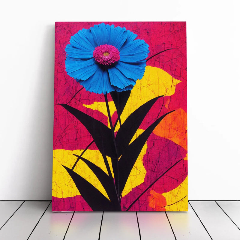 Framed canvas wall art with a blue flower and colorful abstract leaves