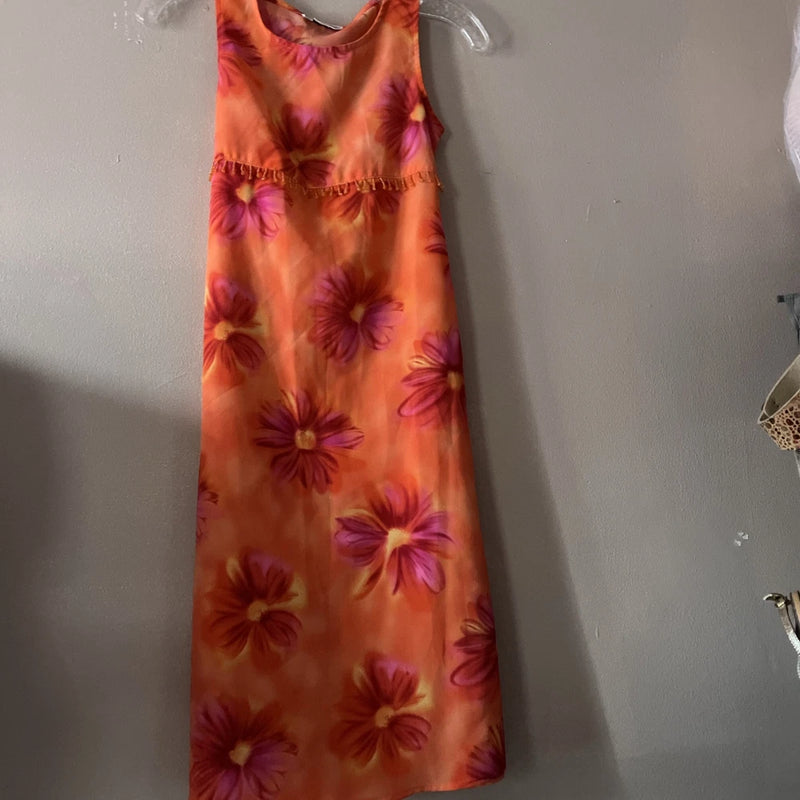 Kids' orange summer dress with purple floral print, sleeveless A-line style