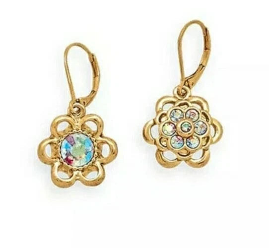Gold-tone flower drop pierced earrings with multicolor gemstone centers