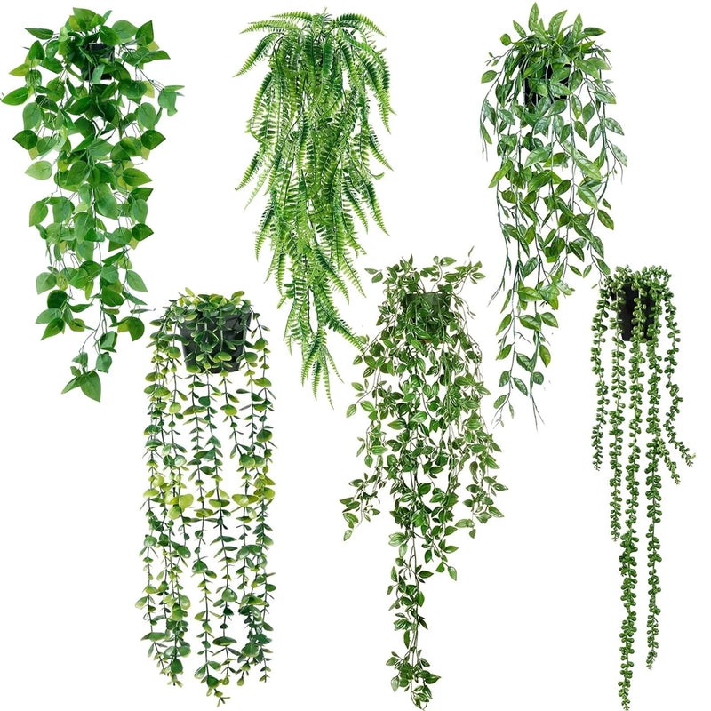 6Pack Fake Hanging Plants Artificial Potted Greenery Plants for Home Shelf Rooom Green Plant